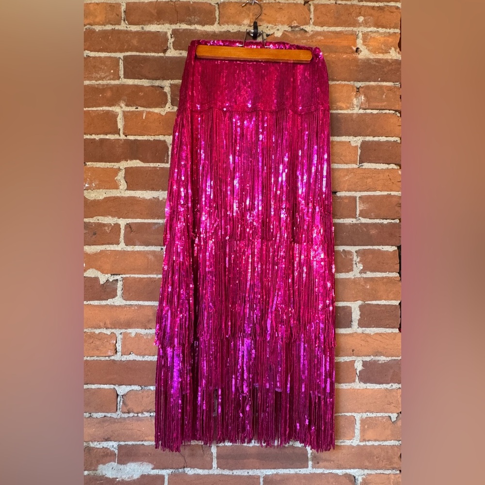 Anthropologie Pink Sequin Fringe Midi Skirt